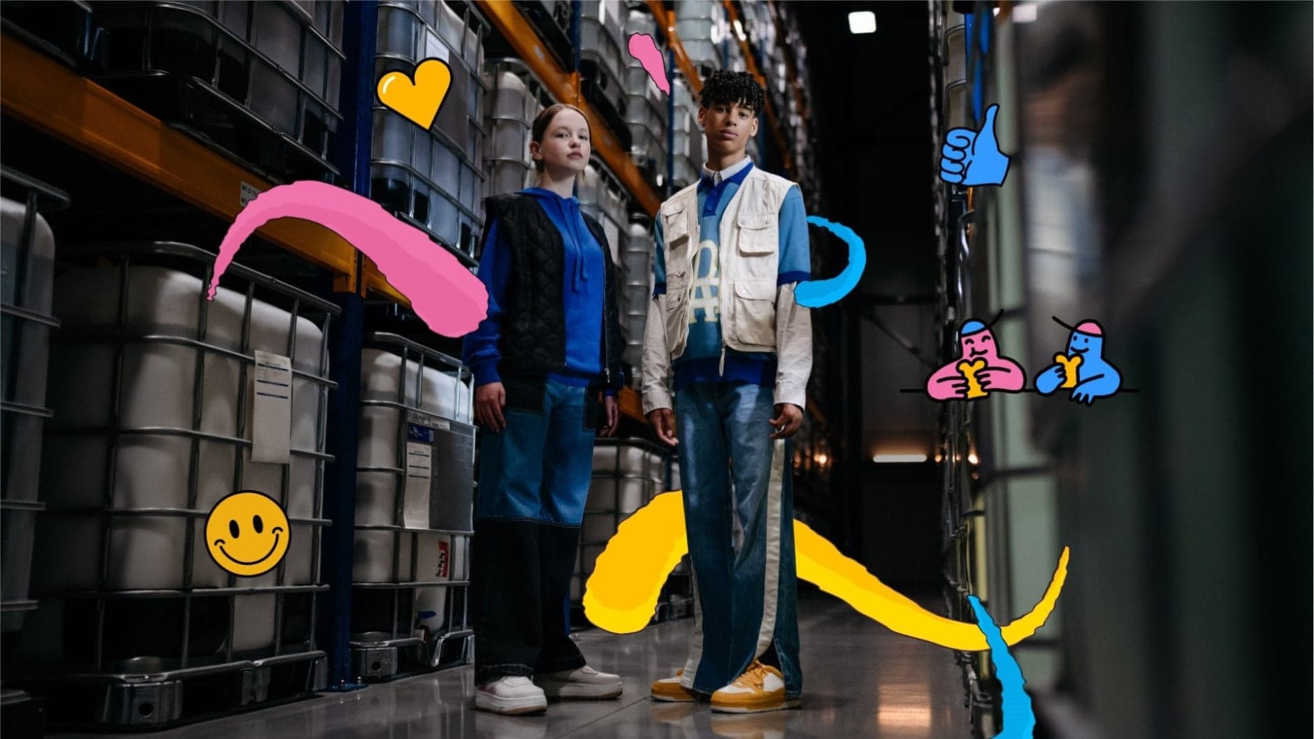 BBL-studenten in magazijn, met geïllustreerde smileys eromheen