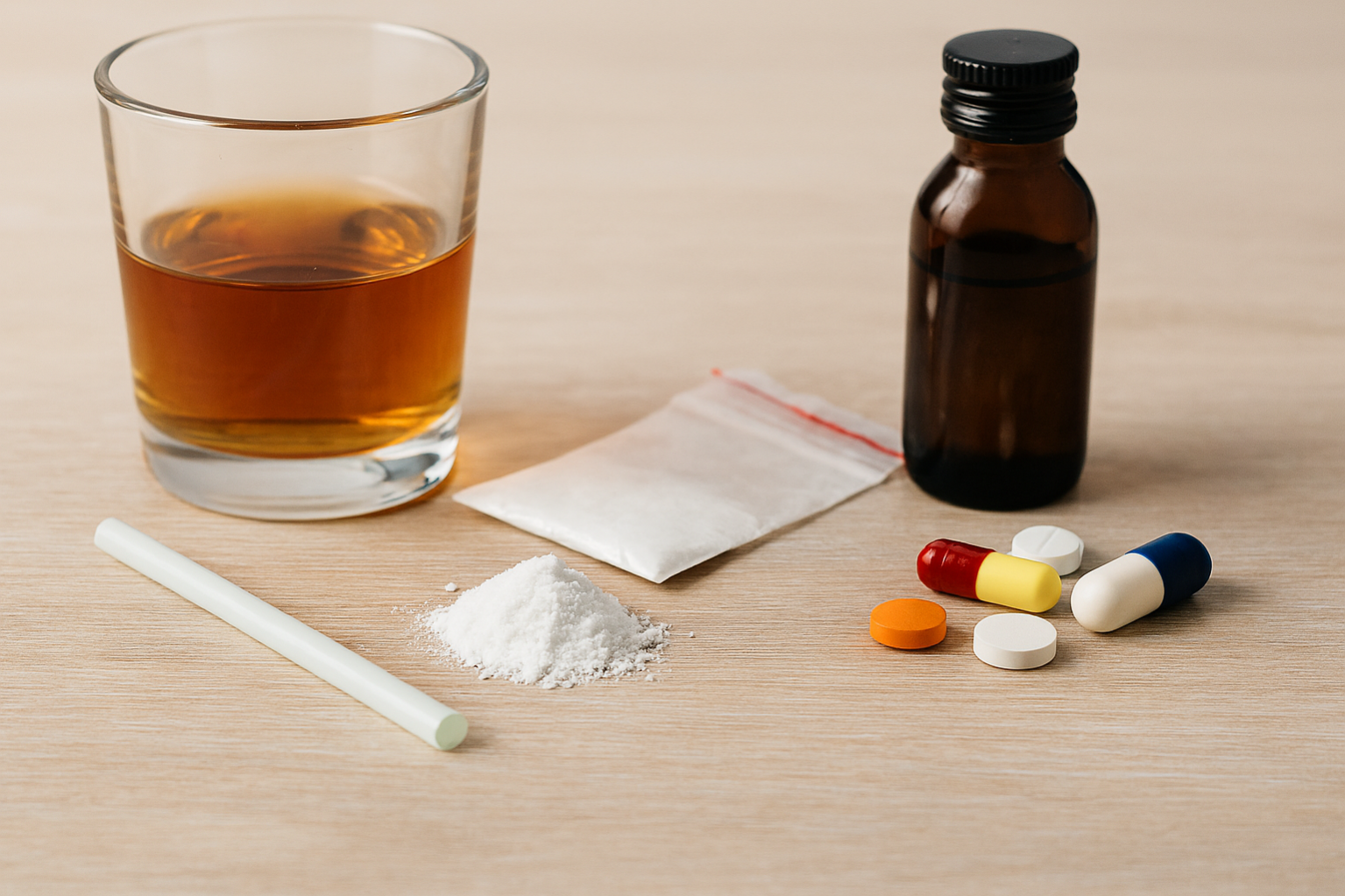 Alcohol, drugs en medicijnen (afbeelding gemaakt met ai)